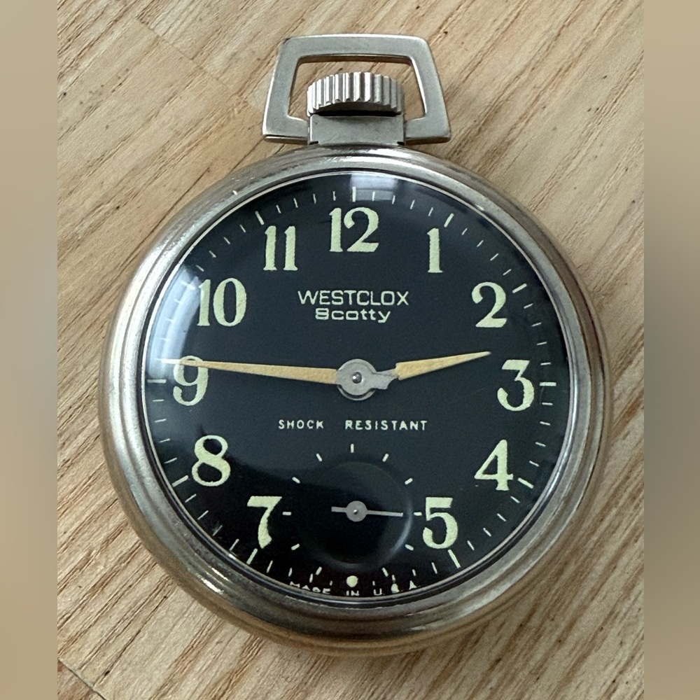 Westclox Scotty Poacket Watch Vintage Mechanical Winding Black Dial Works Well - Picture 2 of 7